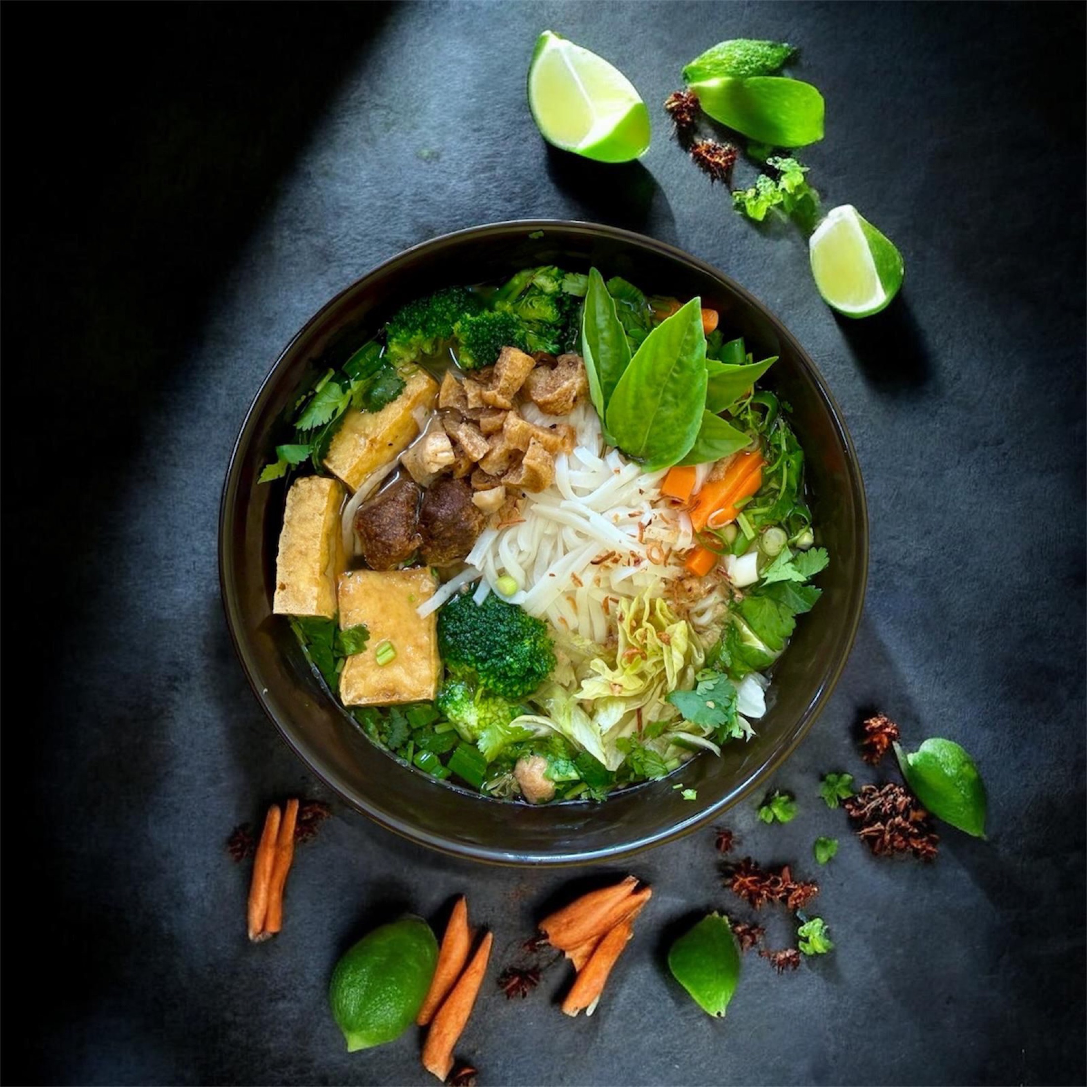 VieVegan combination phở with plant-based toppings